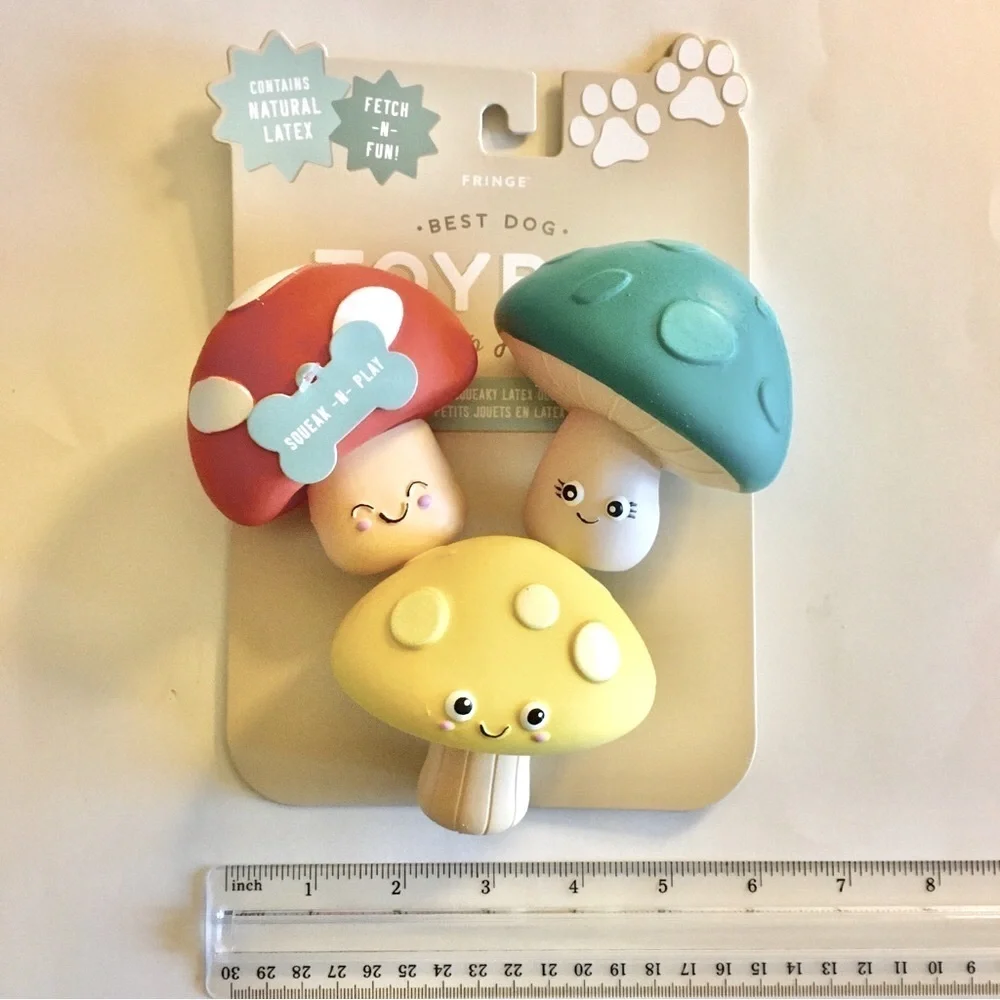 Dog Toys Latex Squeakers Red Yellow Blue Mushrooms “Time to Forage” NEW | Fringe